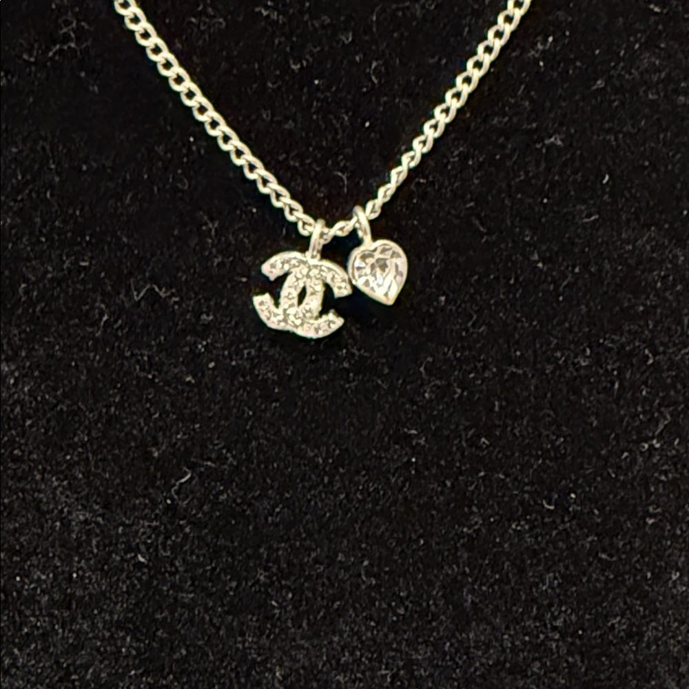 Chanel Silver Plated CC Rhinestone and Heart Pendant Necklace - Picture 3 of 7